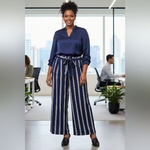 Guillaume Navy  & White Striped Wide-Leg Pants Sz XLarge Drawstring Waist